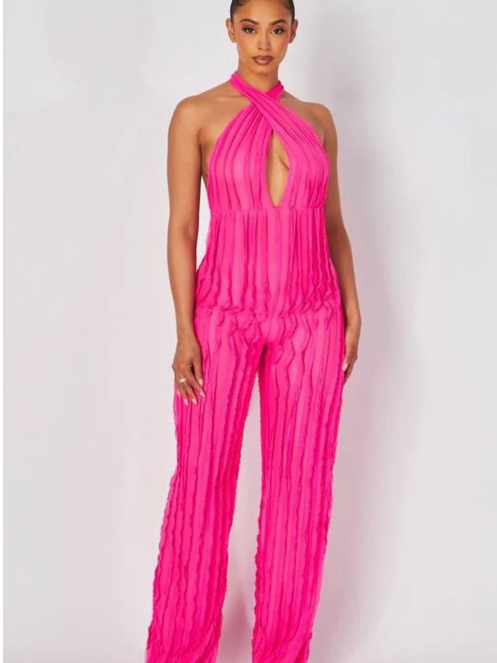 Bright Pink Halter Wide-Leg Jumpsuit